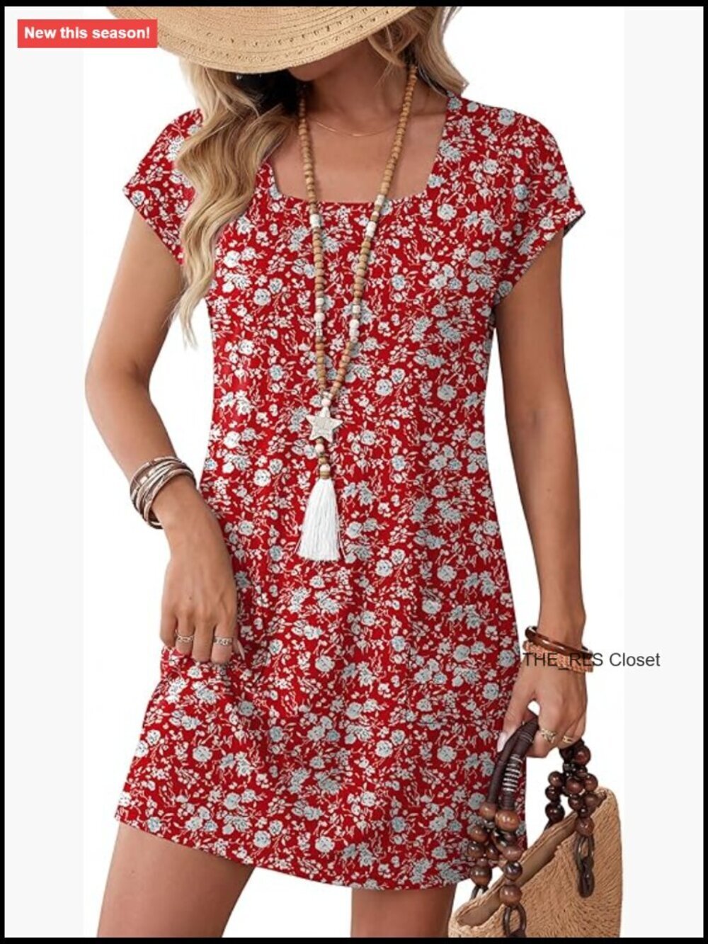 Loose Square Neck Cap Sleeve Summer Tshirt Dress with Pockets